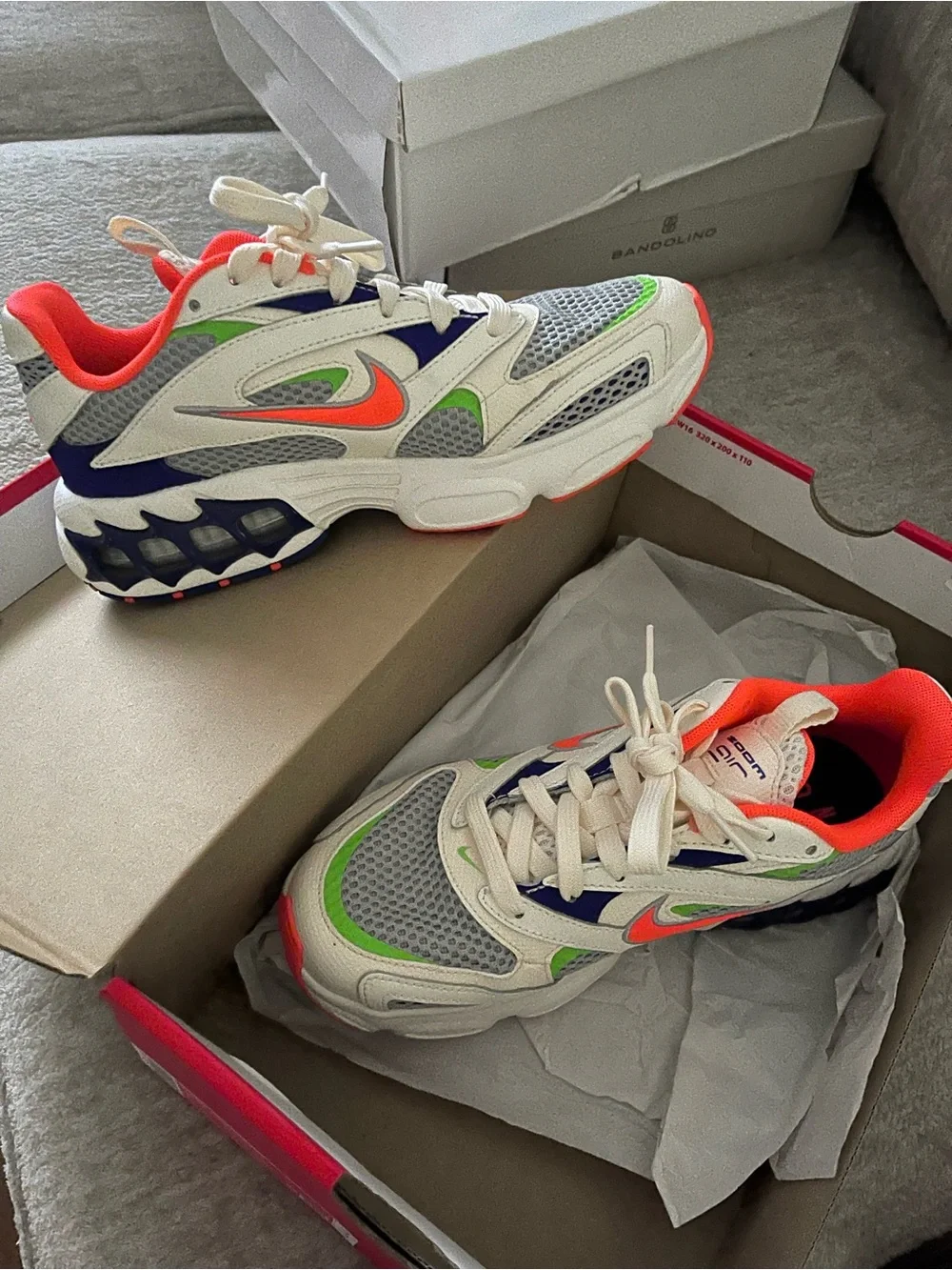 Nike White Sneakers with Neon Orange, Royal Blue & Lime Accents